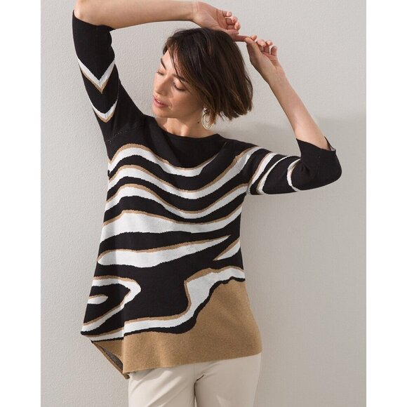 Chico's Black Abstract Zebra Print Asymmetrical Hem Tunic Sweater Unique - Picture 4 of 9